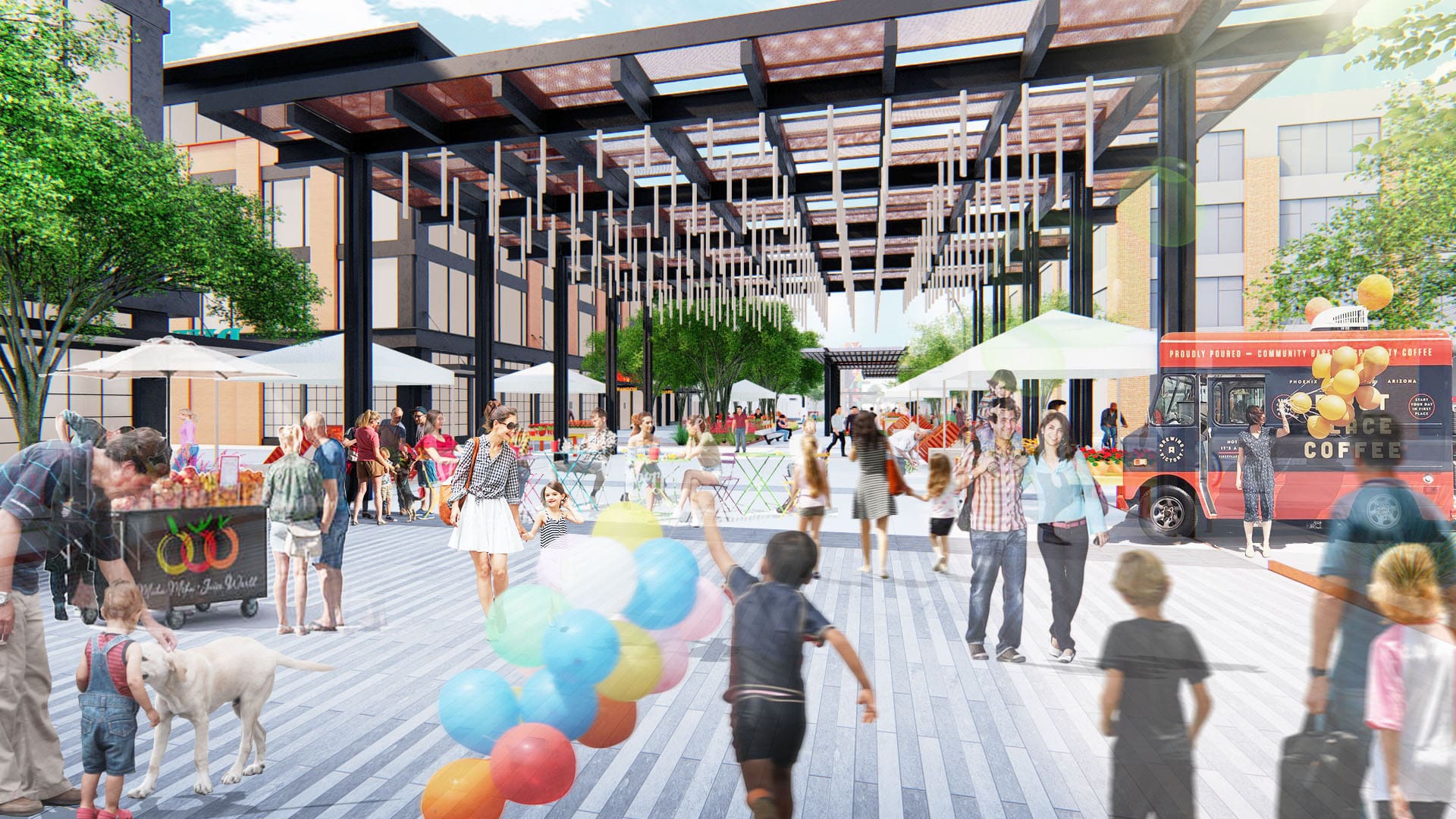 An artist's rendering of the Kennedy Skate Park, showcasing a vibrant public plaza filled with both enthusiastic individuals and colorful balloons.